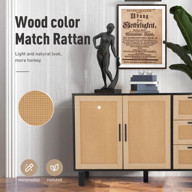 Rattan Two Door Accent Cabinet With Three Drawers Storage