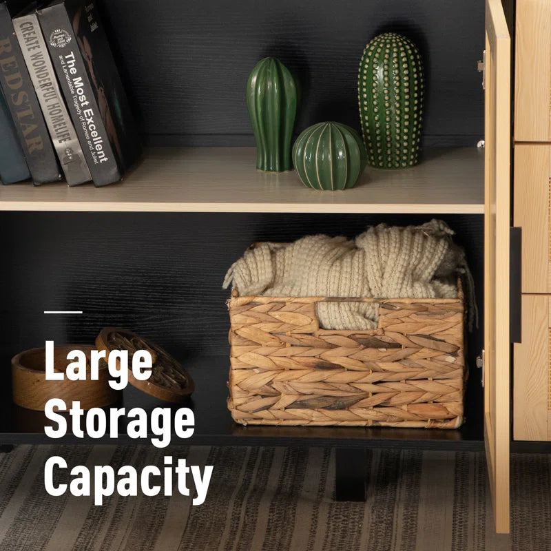 Rattan Two Door Accent Cabinet With Three Drawers Storage