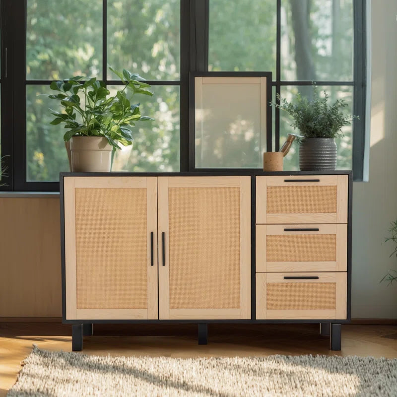 Rattan Two Door Accent Cabinet With Three Drawers Storage