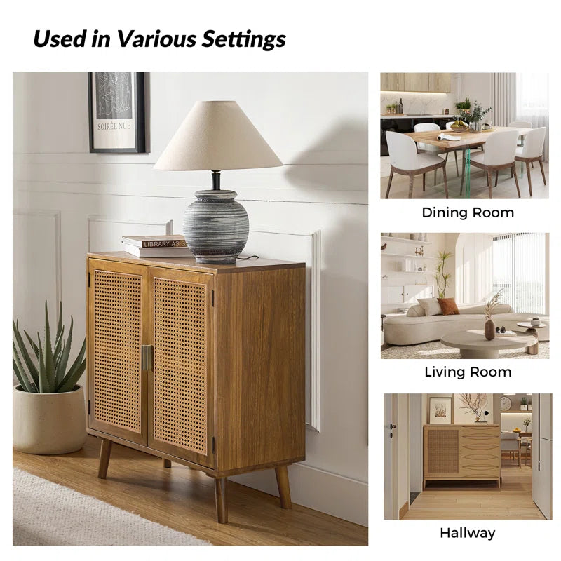Rattan Weave Doorway Accent Cabinet With Solid Wood Legs Two Doors