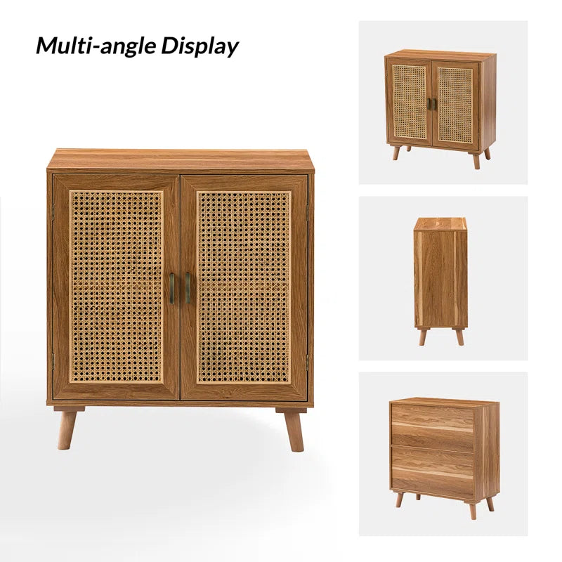 Rattan Weave Doorway Accent Cabinet With Solid Wood Legs Two Doors