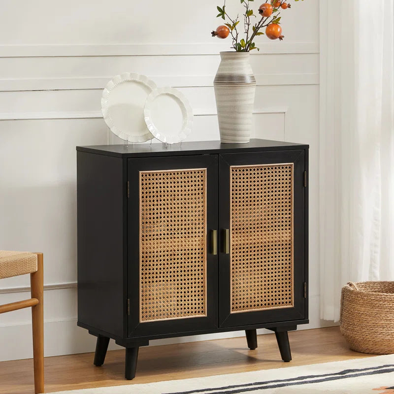 Rattan Weave Doorway Accent Cabinet With Solid Wood Legs Two Doors