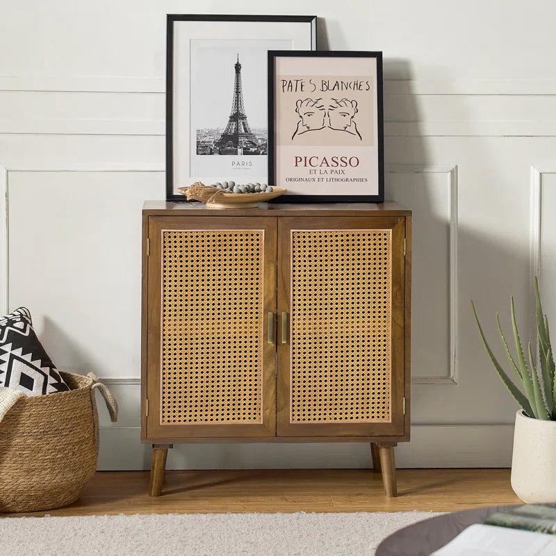 Rattan Weave Doorway Accent Cabinet With Solid Wood Legs Two Doors