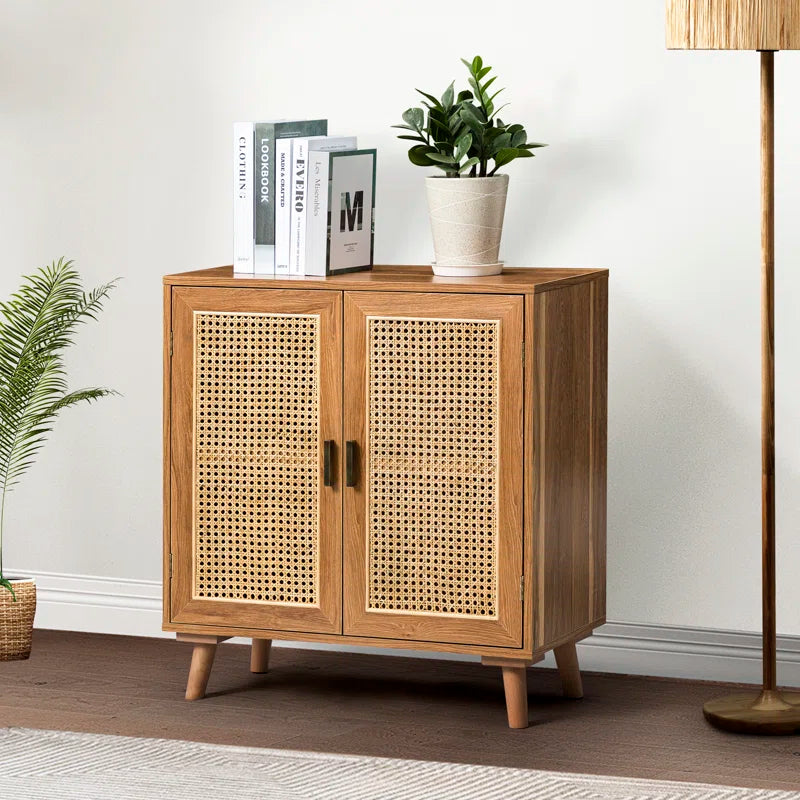 Rattan Weave Doorway Accent Cabinet With Solid Wood Legs Two Doors