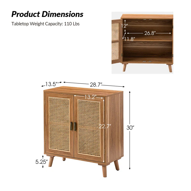 Rattan Weave Doorway Accent Cabinet With Solid Wood Legs Two Doors