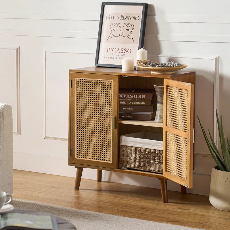 Rattan Weave Doorway Accent Cabinet With Solid Wood Legs Two Doors