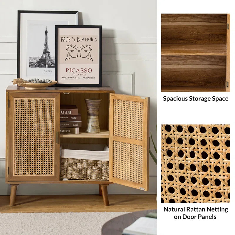 Rattan Weave Doorway Accent Cabinet With Solid Wood Legs Two Doors