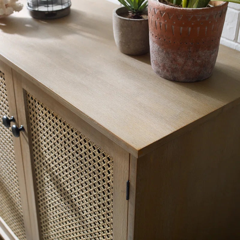 Rattan Wicker Door Storage Accent Cabinet 31.5 Inch Tall, Solid Wood