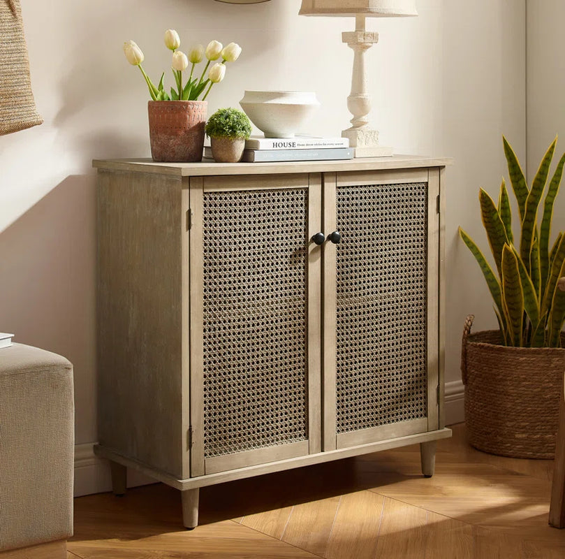 Rattan Wicker Door Storage Accent Cabinet 31.5 Inch Tall, Solid Wood