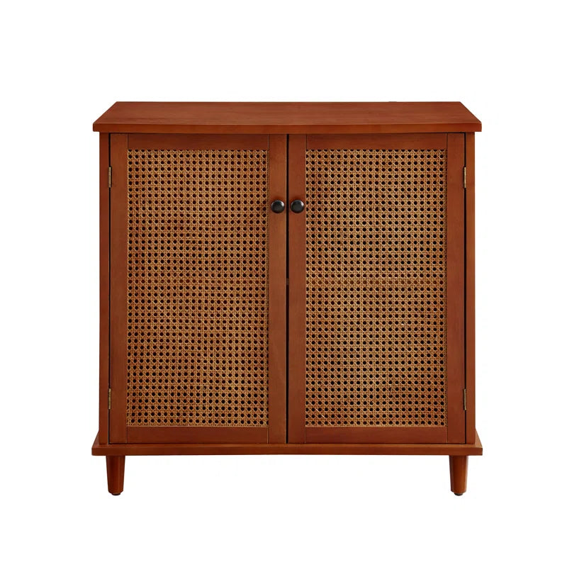 Rattan Wicker Door Storage Accent Cabinet 31.5 Inch Tall, Solid Wood