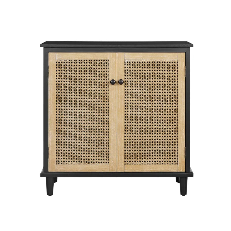 Rattan Wicker Door Storage Accent Cabinet 31.5 Inch Tall, Solid Wood