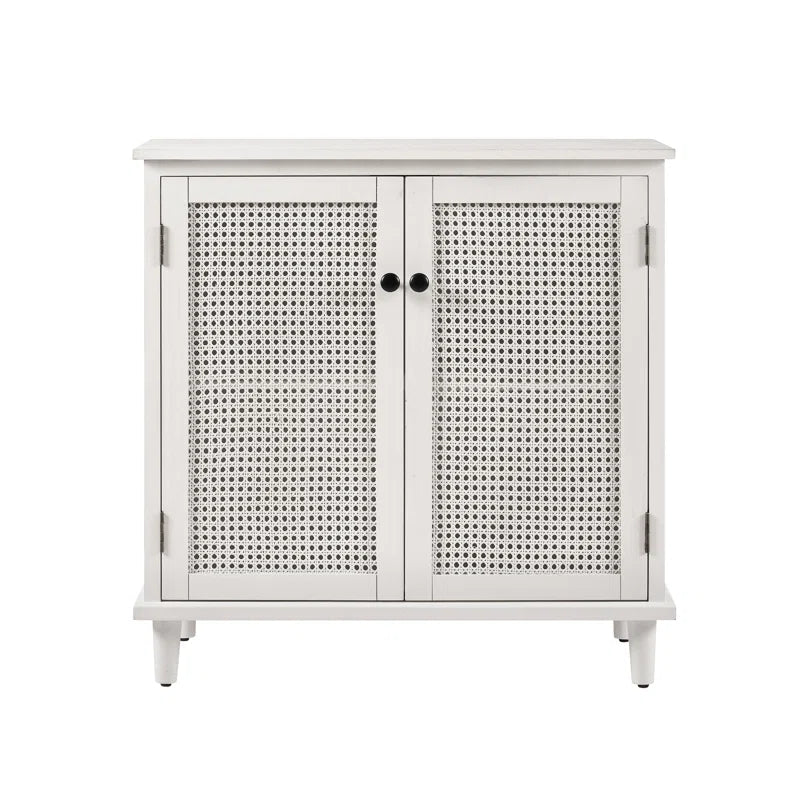 Rattan Wicker Door Storage Accent Cabinet 31.5 Inch Tall, Solid Wood