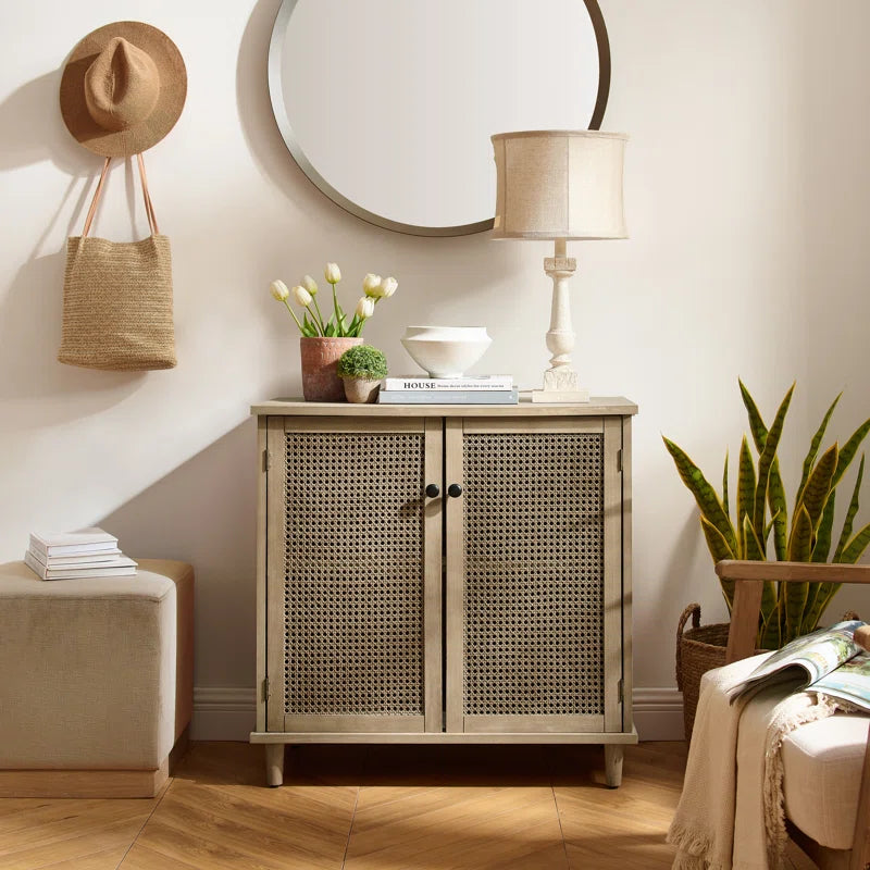 Rattan Wicker Door Storage Accent Cabinet 31.5 Inch Tall, Solid Wood