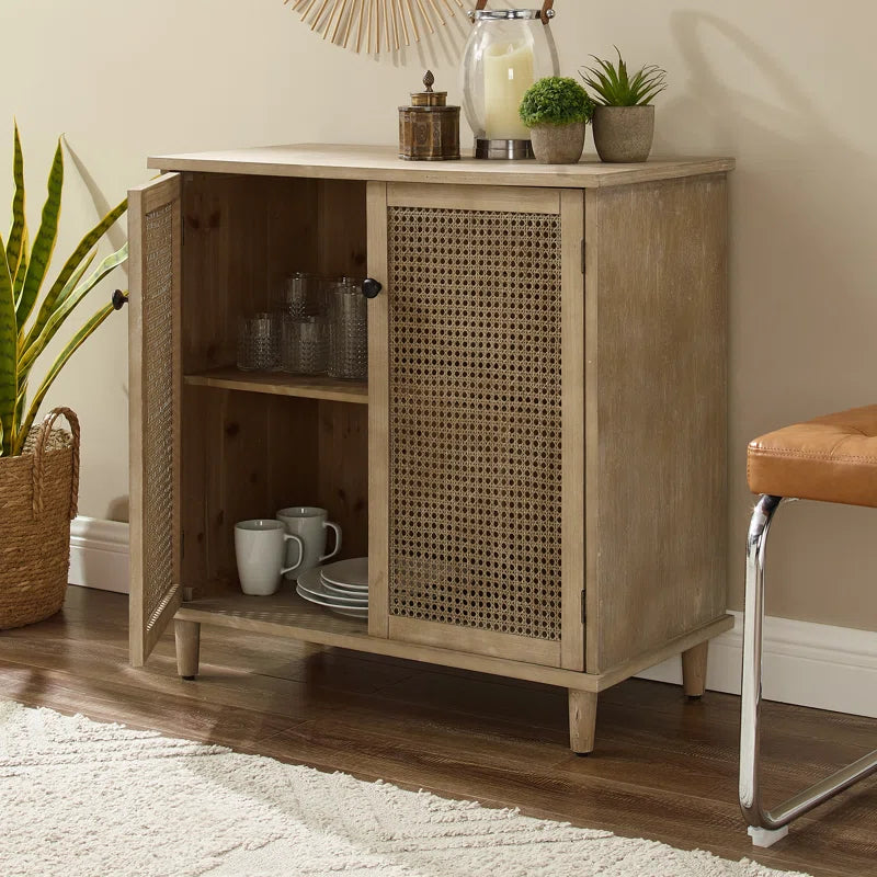 Rattan Wicker Door Storage Accent Cabinet 31.5 Inch Tall, Solid Wood