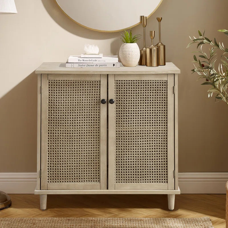 Rattan Wicker Door Storage Accent Cabinet 31.5 Inch Tall, Solid Wood