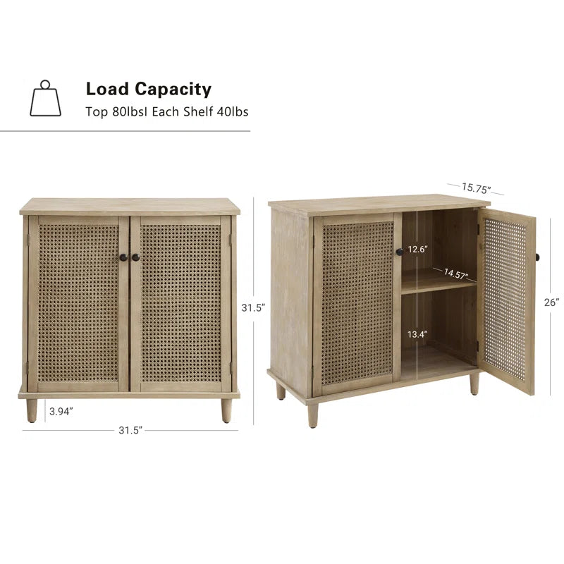 Rattan Wicker Door Storage Accent Cabinet 31.5 Inch Tall, Solid Wood