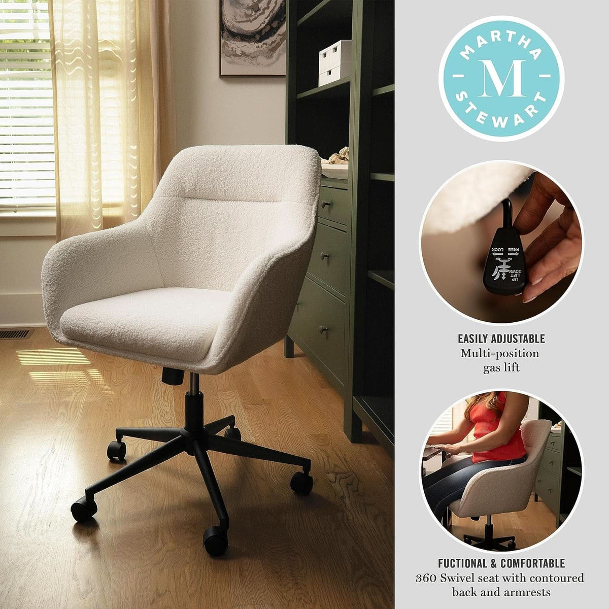 Rayna Swivel Task Chair White Boucle With Oil Rubbed Bronze