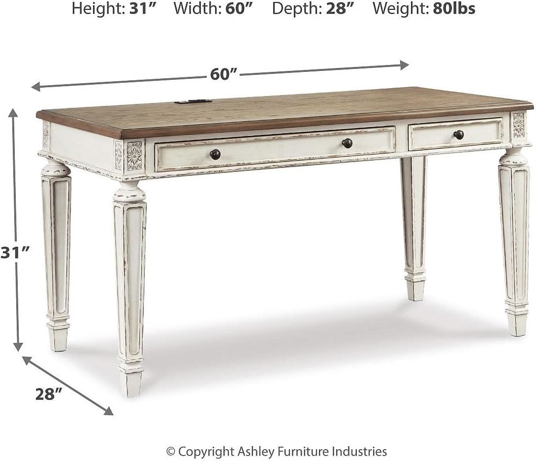Realyn Farmhouse 60 Inch Home Office Desk With USB Charging Chipped White