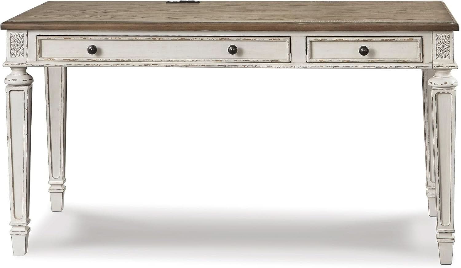 Realyn Farmhouse 60 Inch Home Office Desk With USB Charging Chipped White