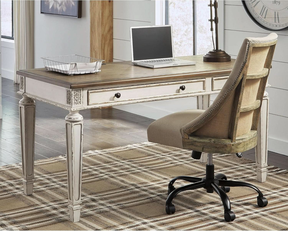 Realyn Farmhouse 60 Inch Home Office Desk With USB Charging Chipped White
