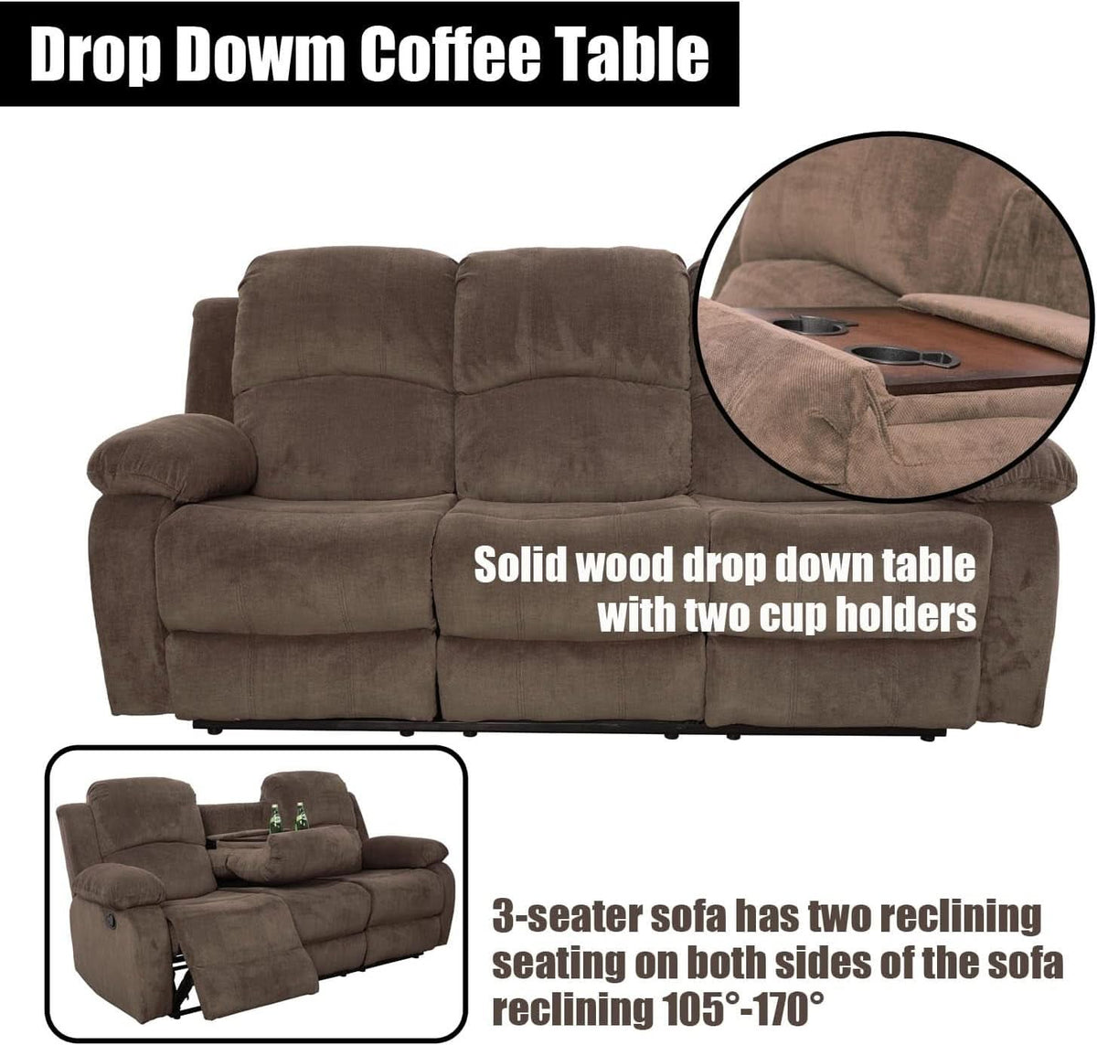 Recliner Sofa Set With Drop Down Table And Storage Console Brown Velvet