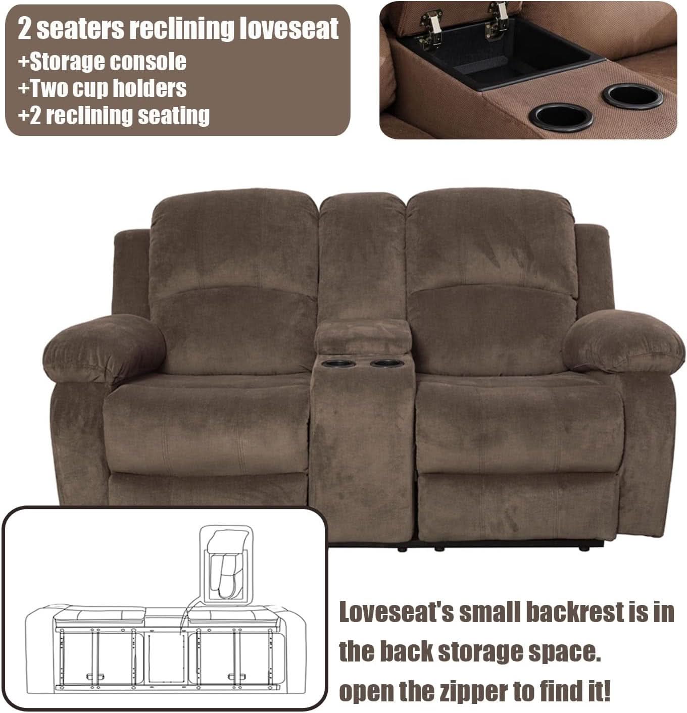 Recliner Sofa Set With Drop Down Table And Storage Console Brown Velvet