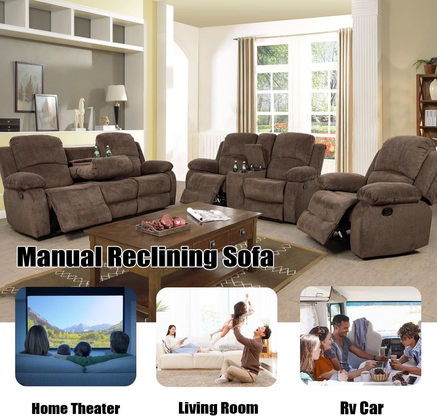 Recliner Sofa Set With Drop Down Table And Storage Console Brown Velvet