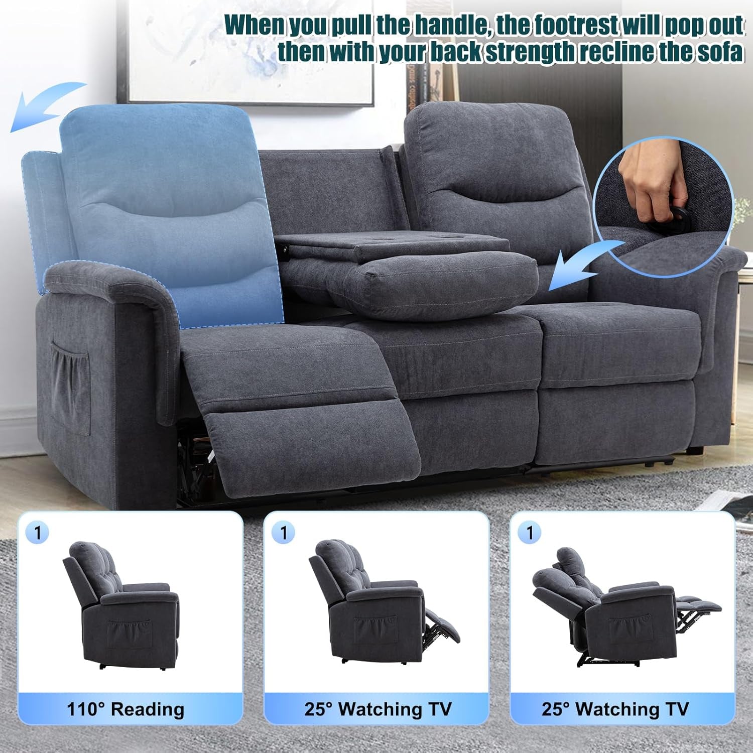 Reclining Sofa With Flip Console Three Seater Cupholders