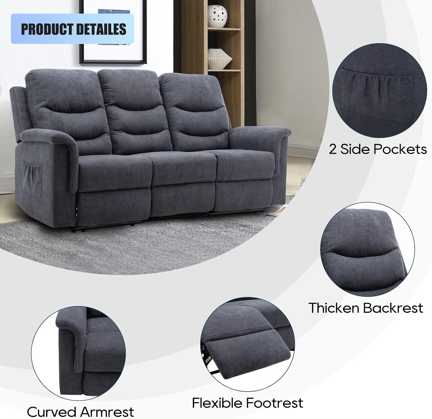 Reclining Sofa With Flip Console Three Seater Cupholders