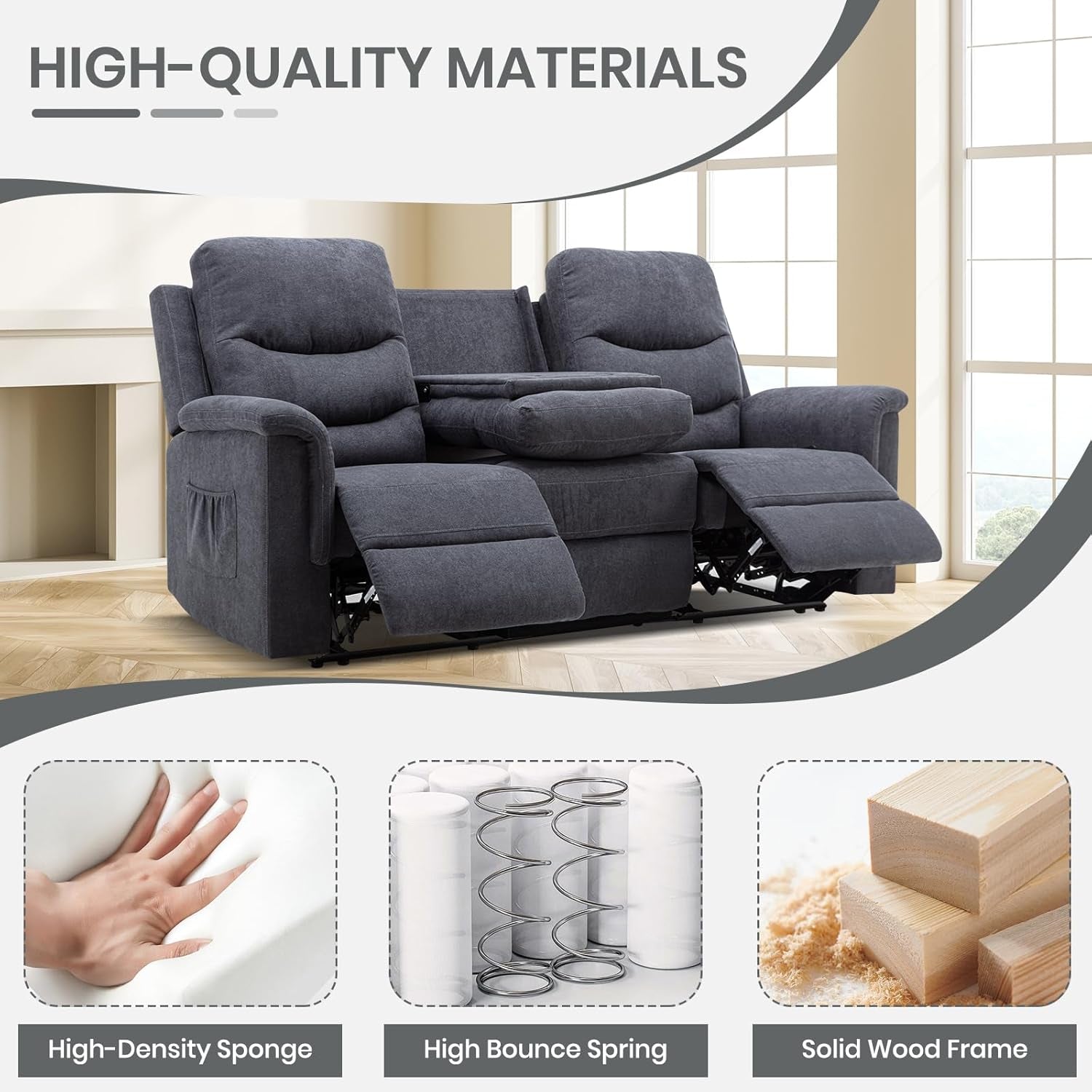 Reclining Sofa With Flip Console Three Seater Cupholders