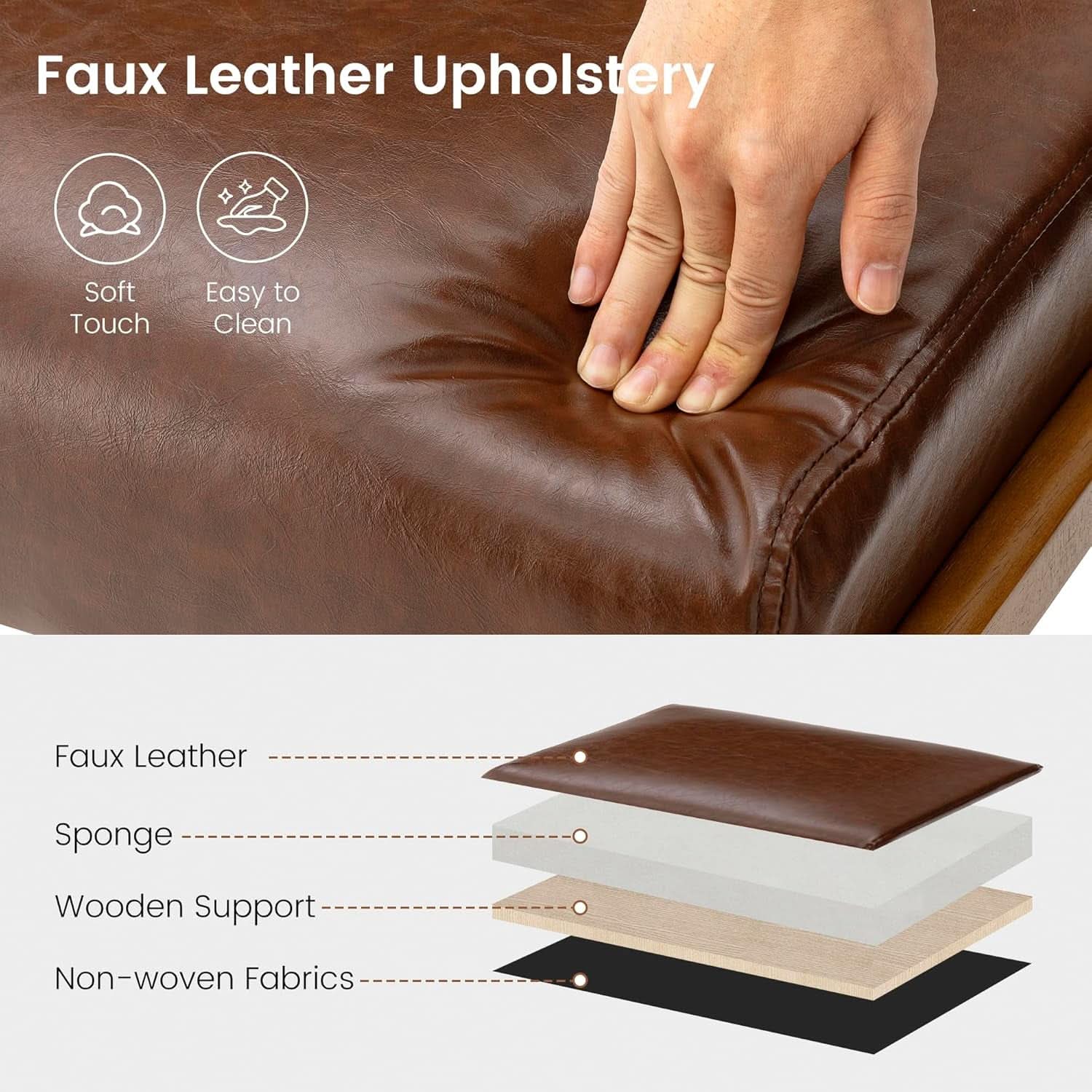 Rectangular Leather Ottoman Bench Twenty Four Point Five Inches Walnut
