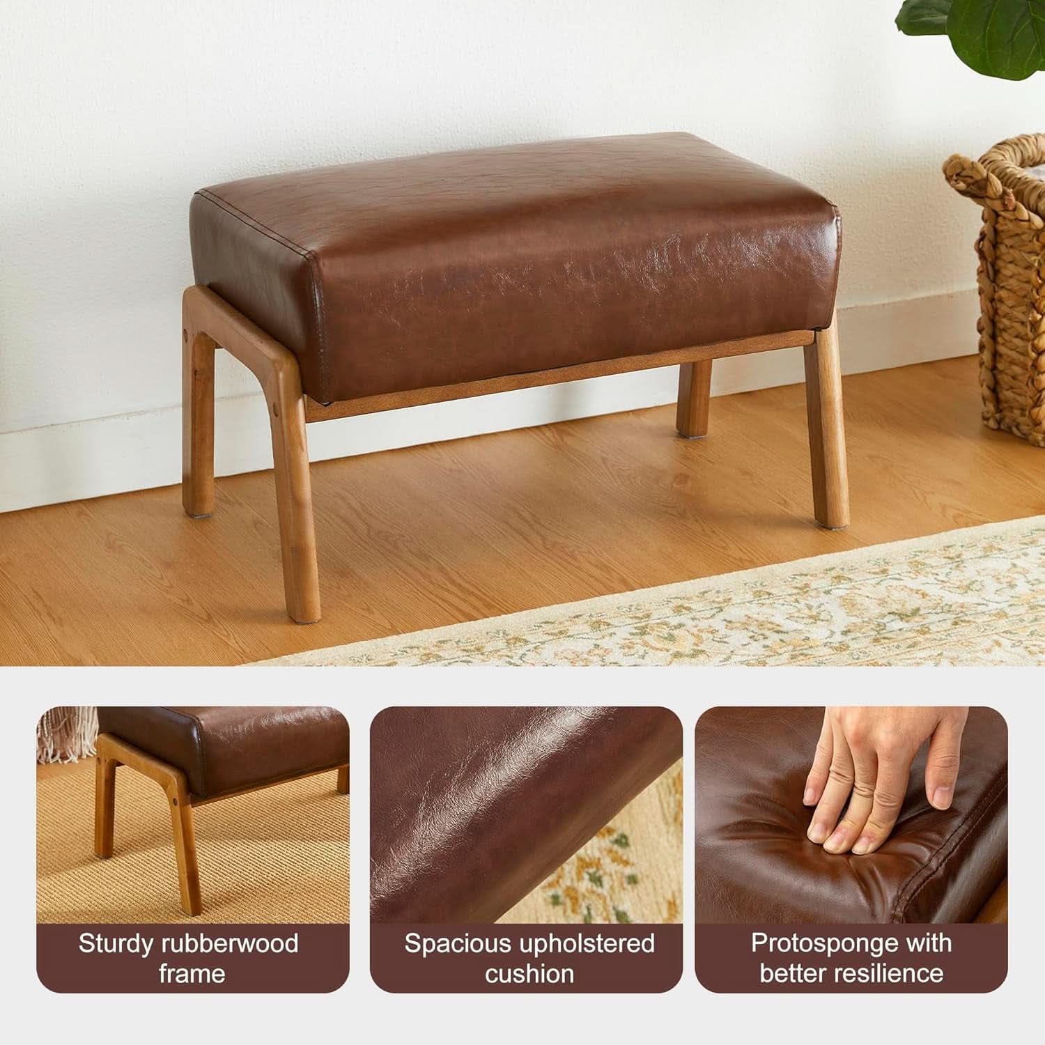 Rectangular Leather Ottoman Bench Twenty Four Point Five Inches Walnut