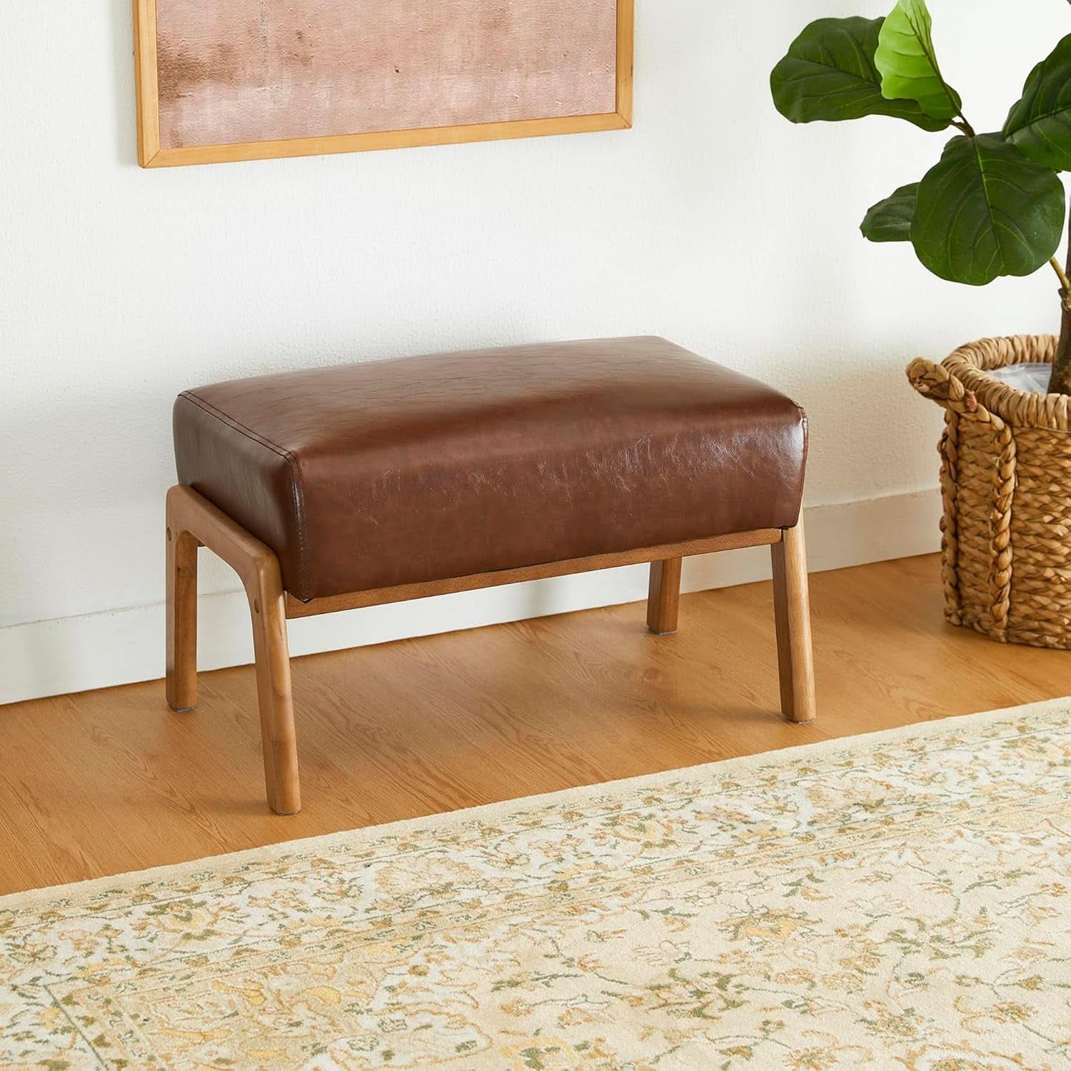 Rectangular Leather Ottoman Bench Twenty Four Point Five Inches Walnut