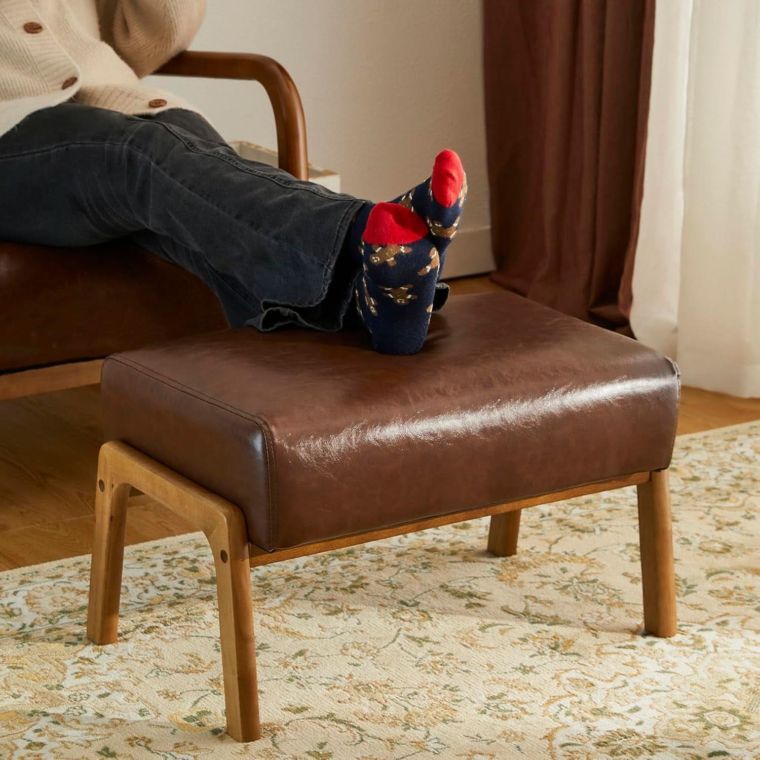 Rectangular Leather Ottoman Bench Twenty Four Point Five Inches Walnut