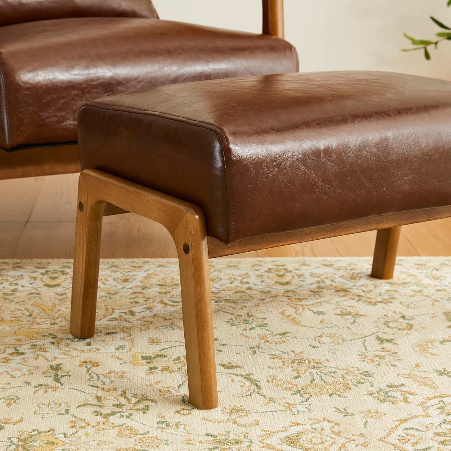 Rectangular Leather Ottoman Bench Twenty Four Point Five Inches Walnut