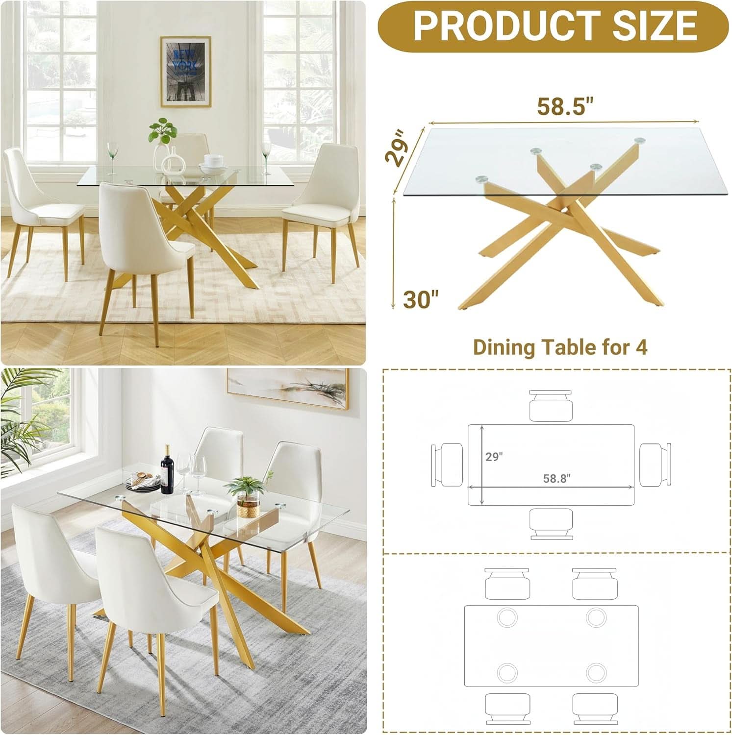 Rectangular Tempered Glass Dining Table Gold Finish