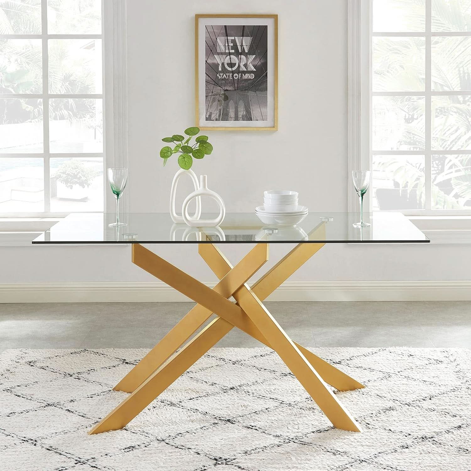 Rectangular Tempered Glass Dining Table Gold Finish