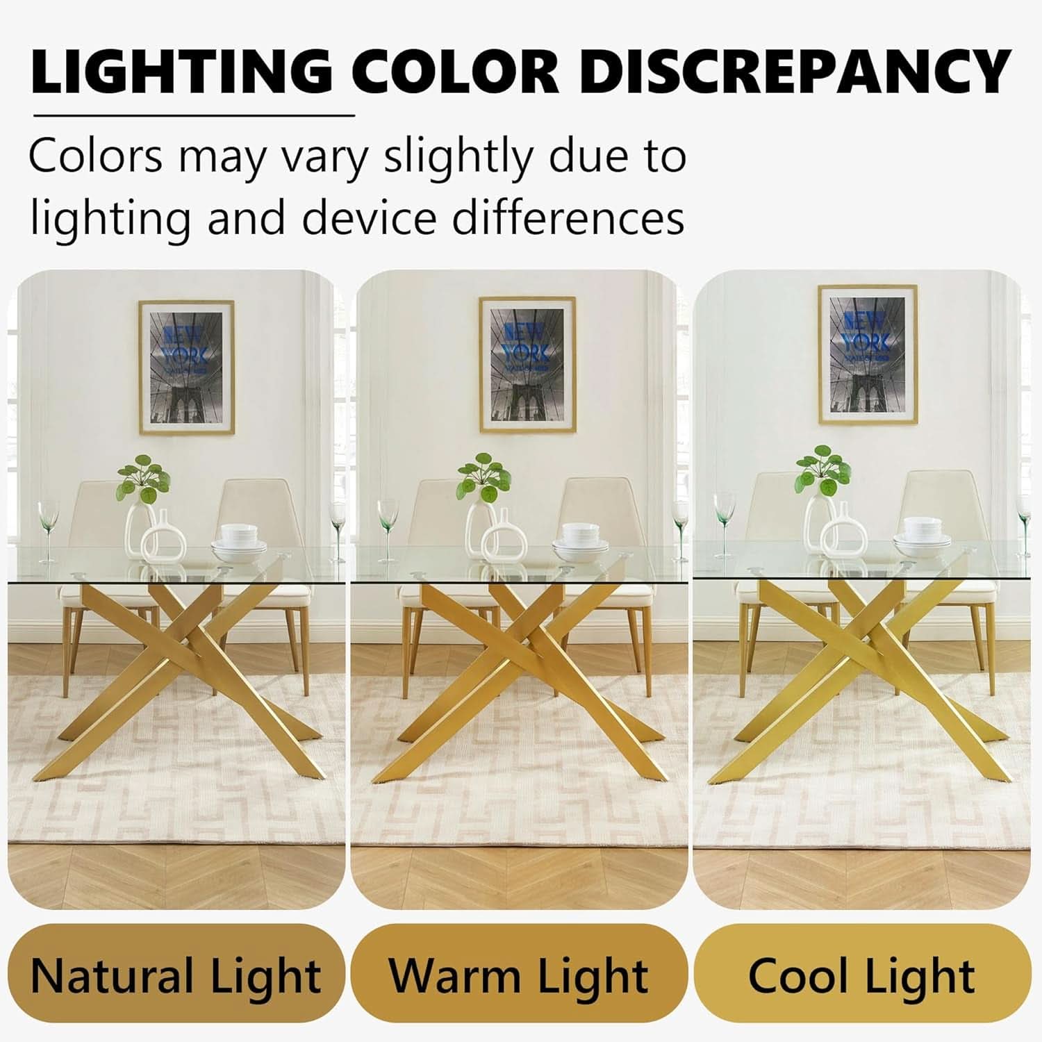 Rectangular Tempered Glass Dining Table Gold Finish