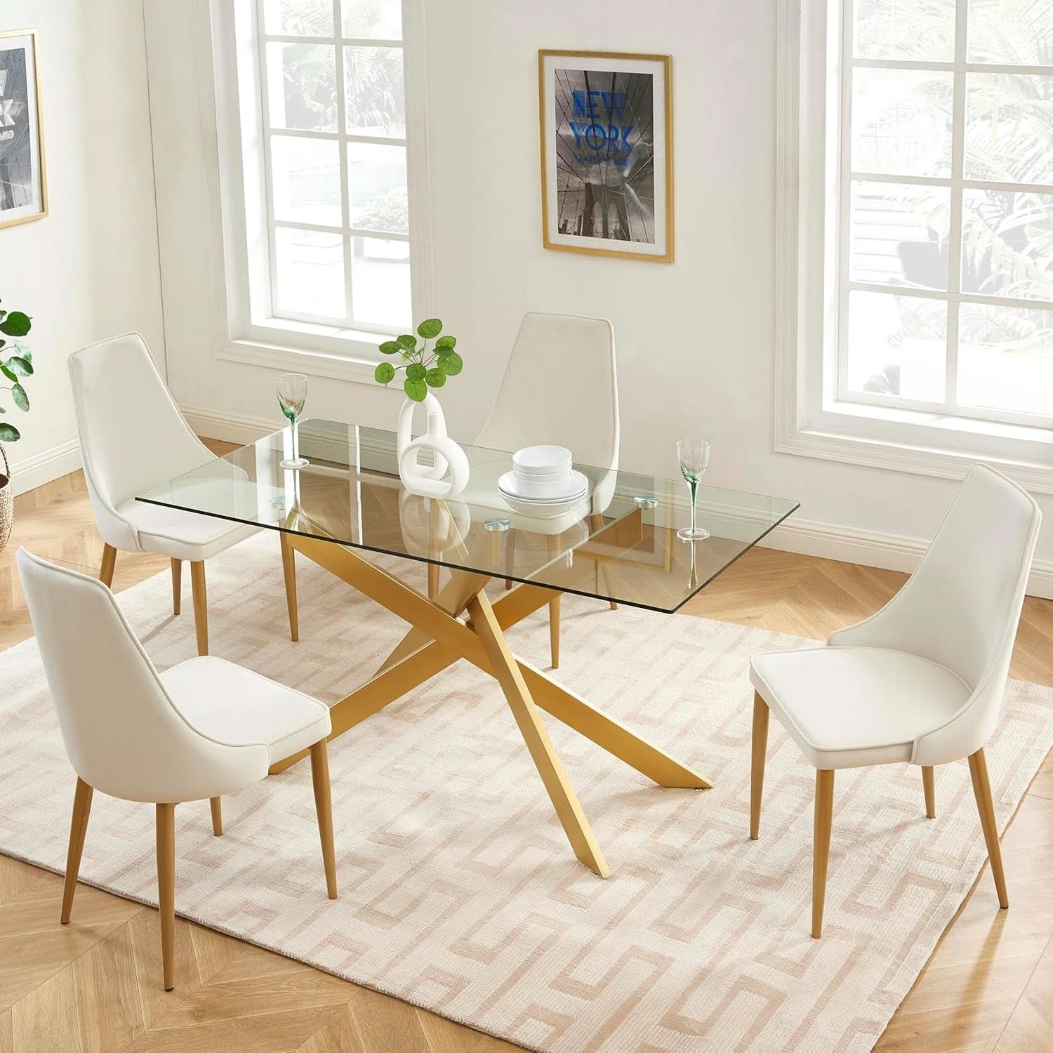 Rectangular Tempered Glass Dining Table Gold Finish