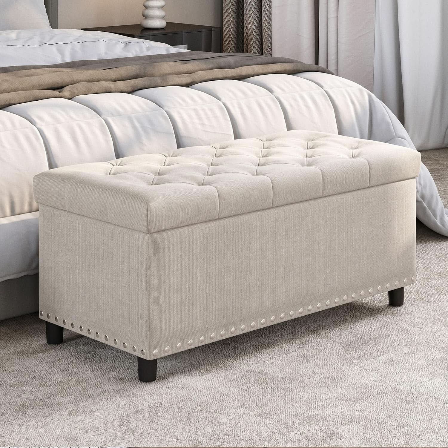 Rectangular Thirty Five Inch Beige Tufted Storage Ottoman Upholstered