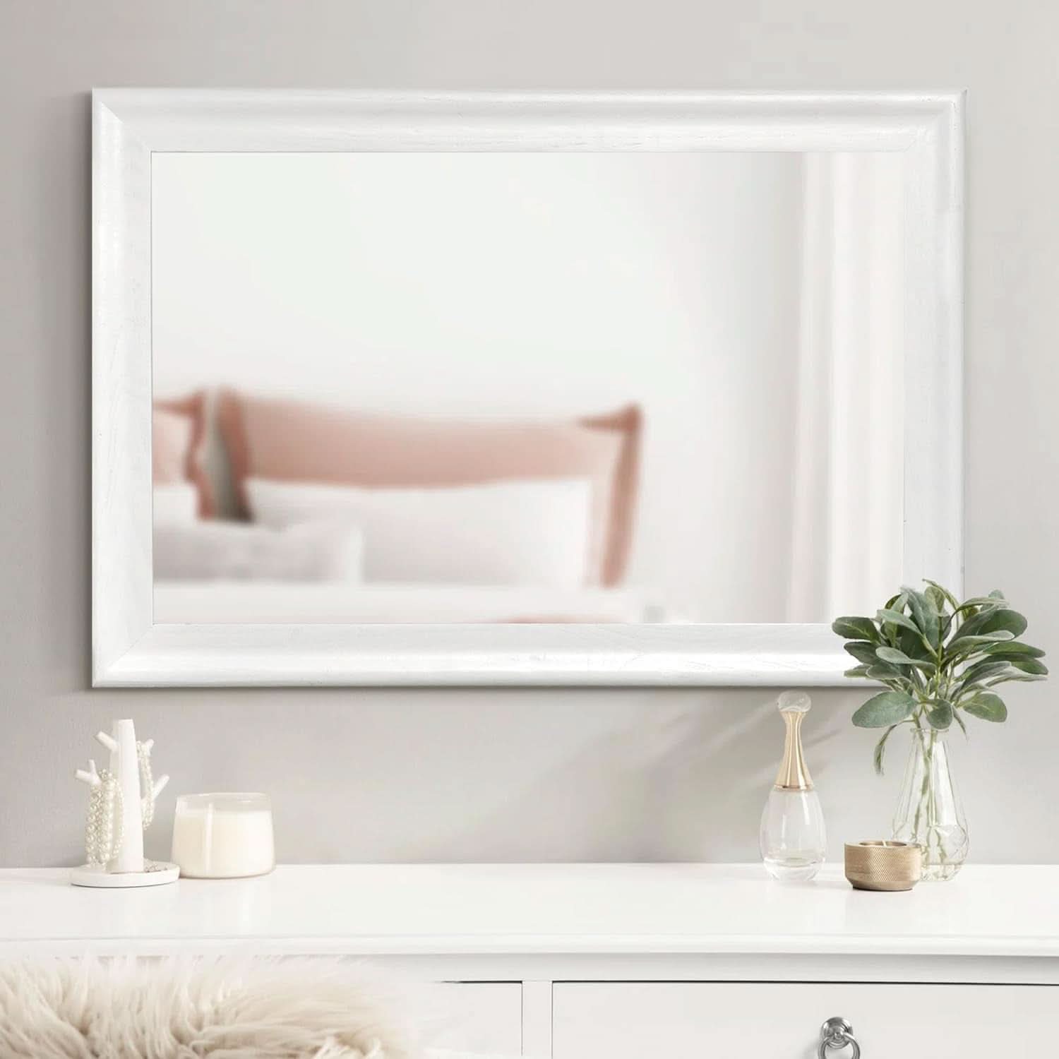 Rectangular White Wood Wall Mirror 24x36 Inches Bathroom