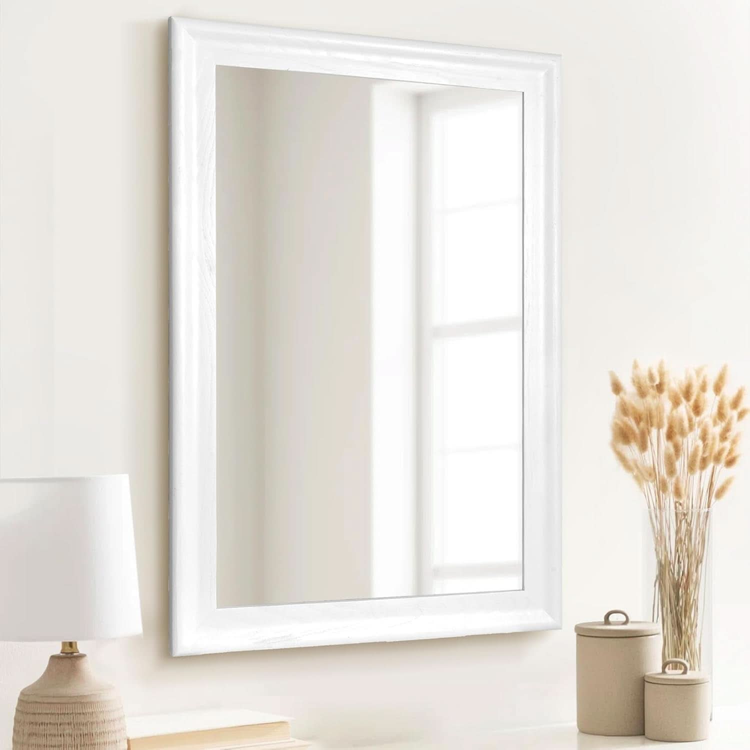 Rectangular White Wood Wall Mirror 24x36 Inches Bathroom