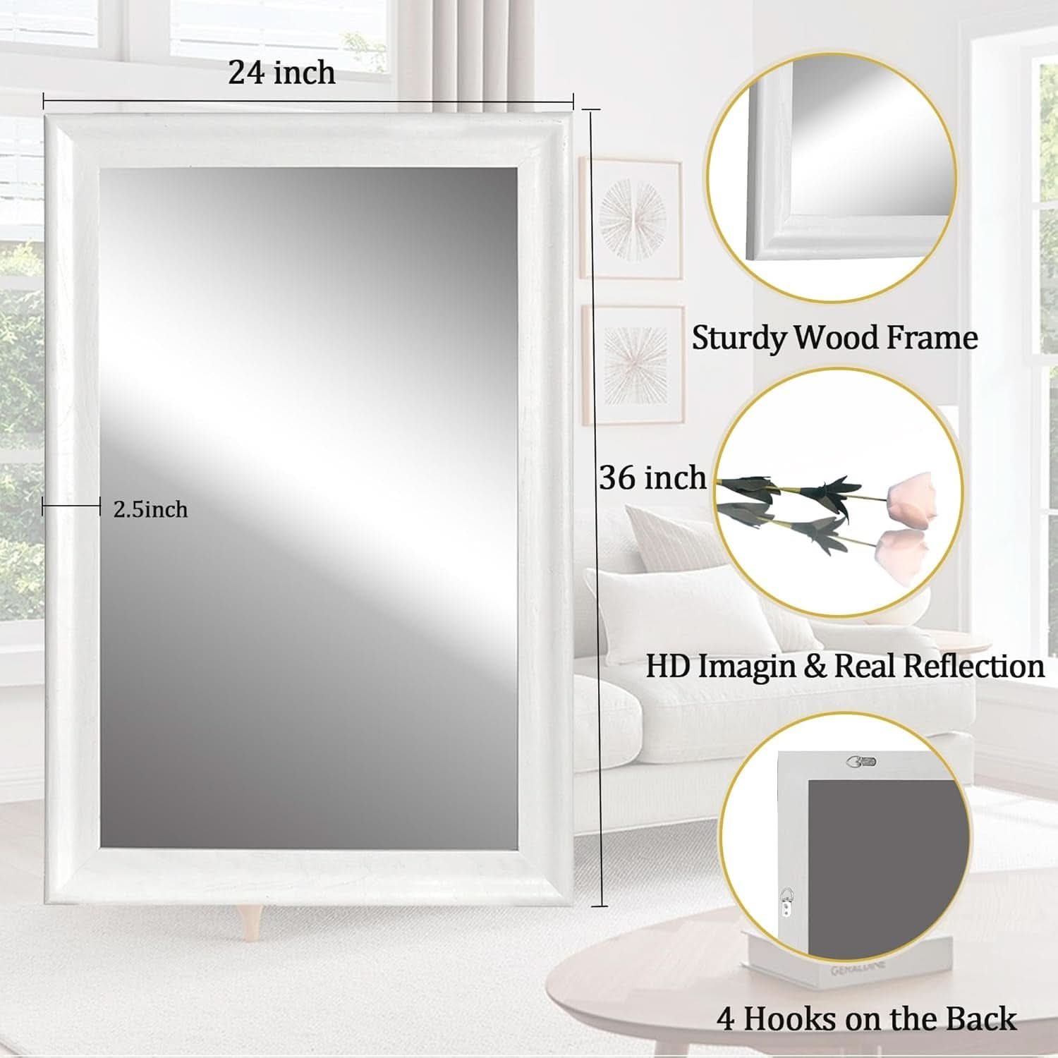 Rectangular White Wood Wall Mirror 24x36 Inches Bathroom