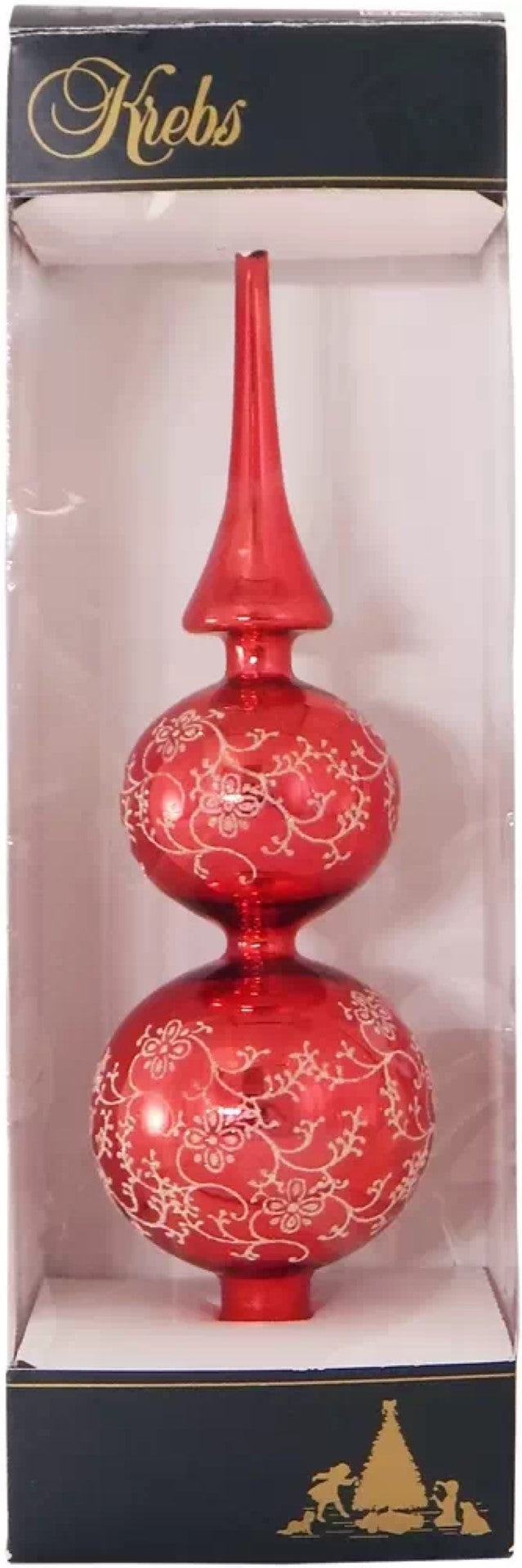 Red 13" Glass Treetopper with Gold Floral Glitterlace - Christmas Red