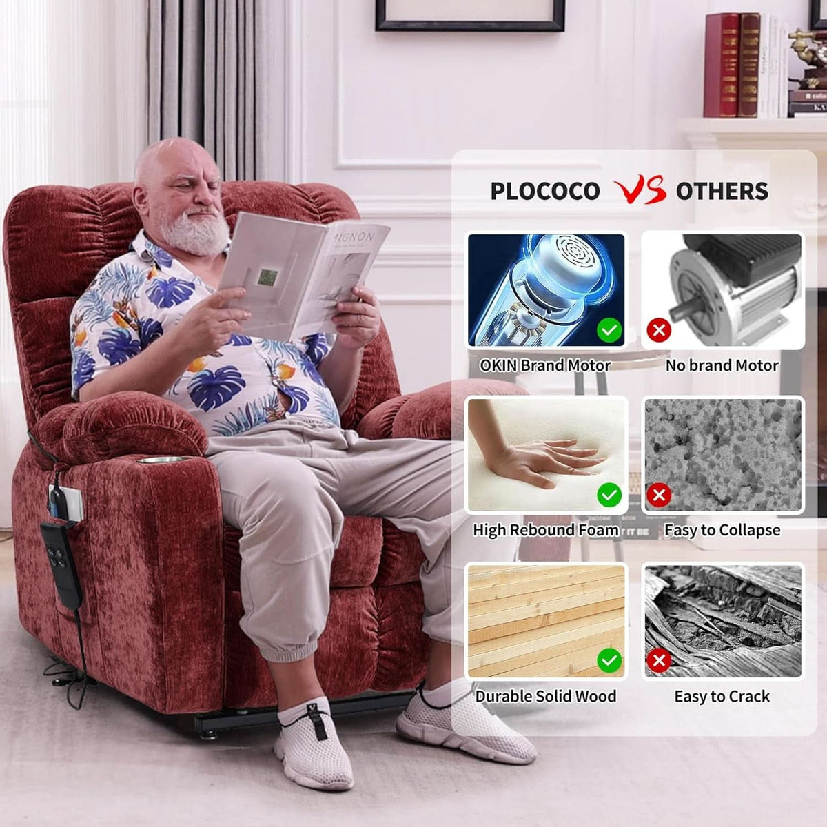 Red 180 Degree Flat Sleeping Electric Dual OKIN Motor Lift Recliner Chair With Heating