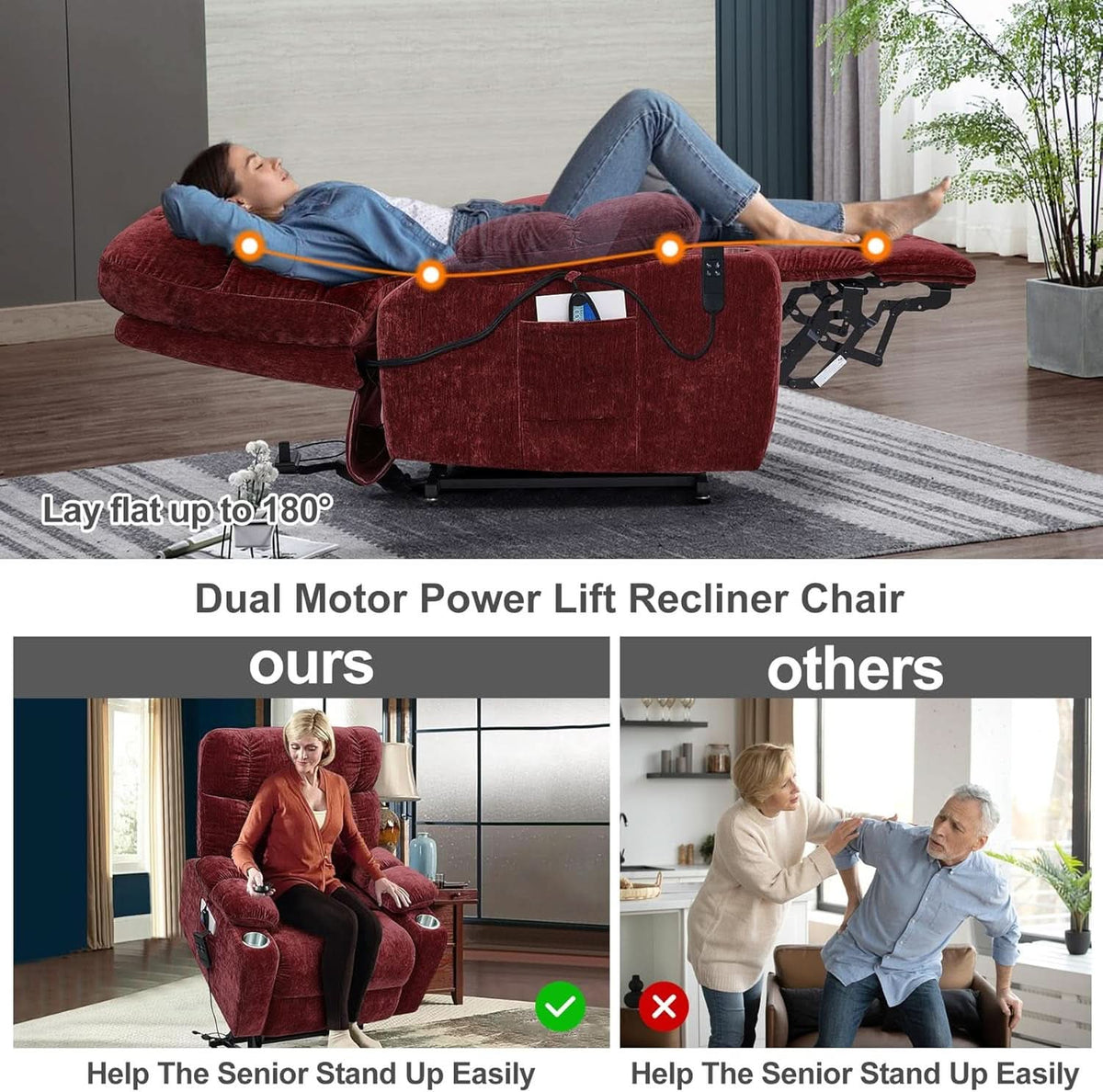 Red 180 Degree Flat Sleeping Electric Dual OKIN Motor Lift Recliner Chair With Heating