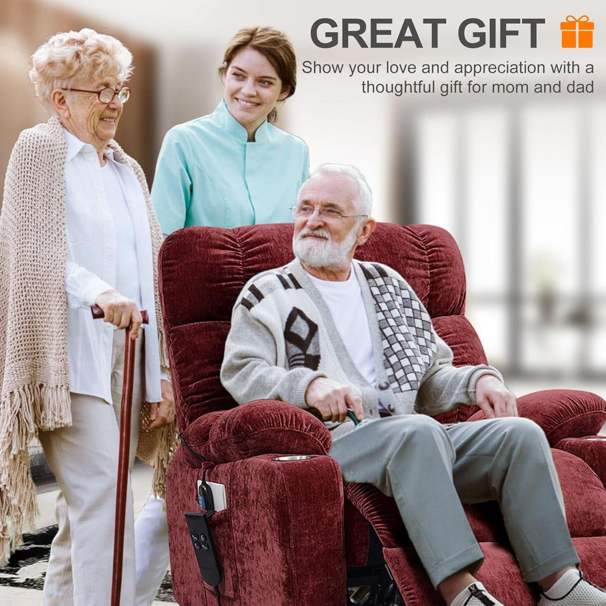 Red 180 Degree Flat Sleeping Electric Dual OKIN Motor Lift Recliner Chair With Heating