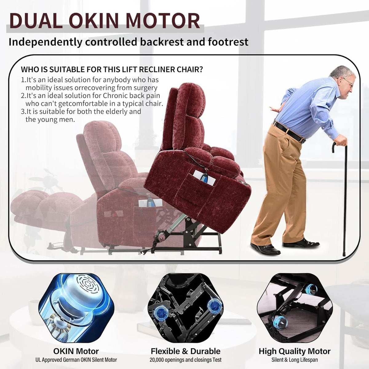 Red 180 Degree Flat Sleeping Electric Dual OKIN Motor Lift Recliner Chair With Heating