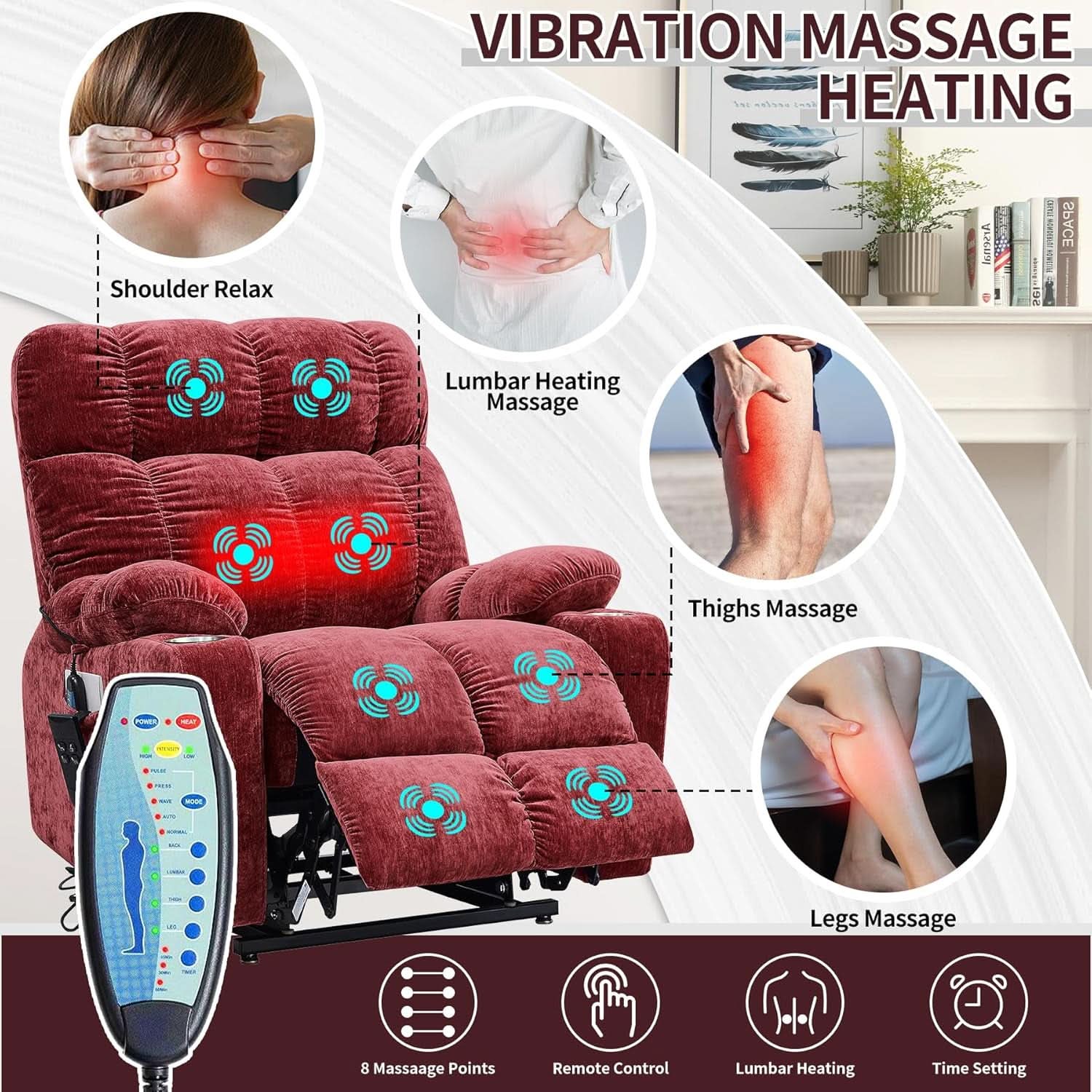 Red 180 Degree Flat Sleeping Electric Dual OKIN Motor Lift Recliner Chair With Heating