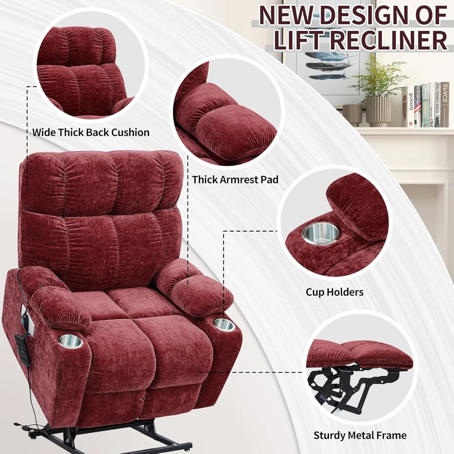 Red 180 Degree Flat Sleeping Electric Dual OKIN Motor Lift Recliner Chair With Heating